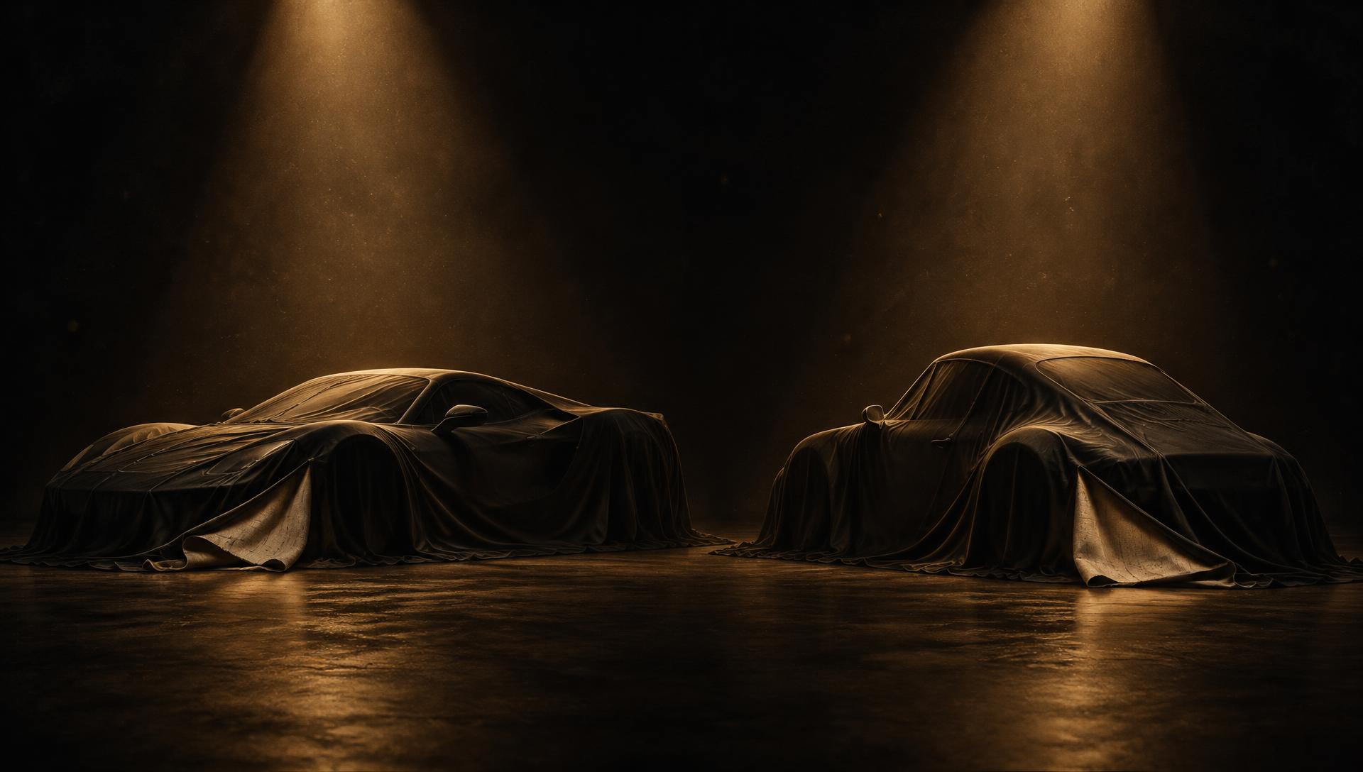 Conceptual teaser: two sports car silhouettes under black satin covers, each under a warm spotlight